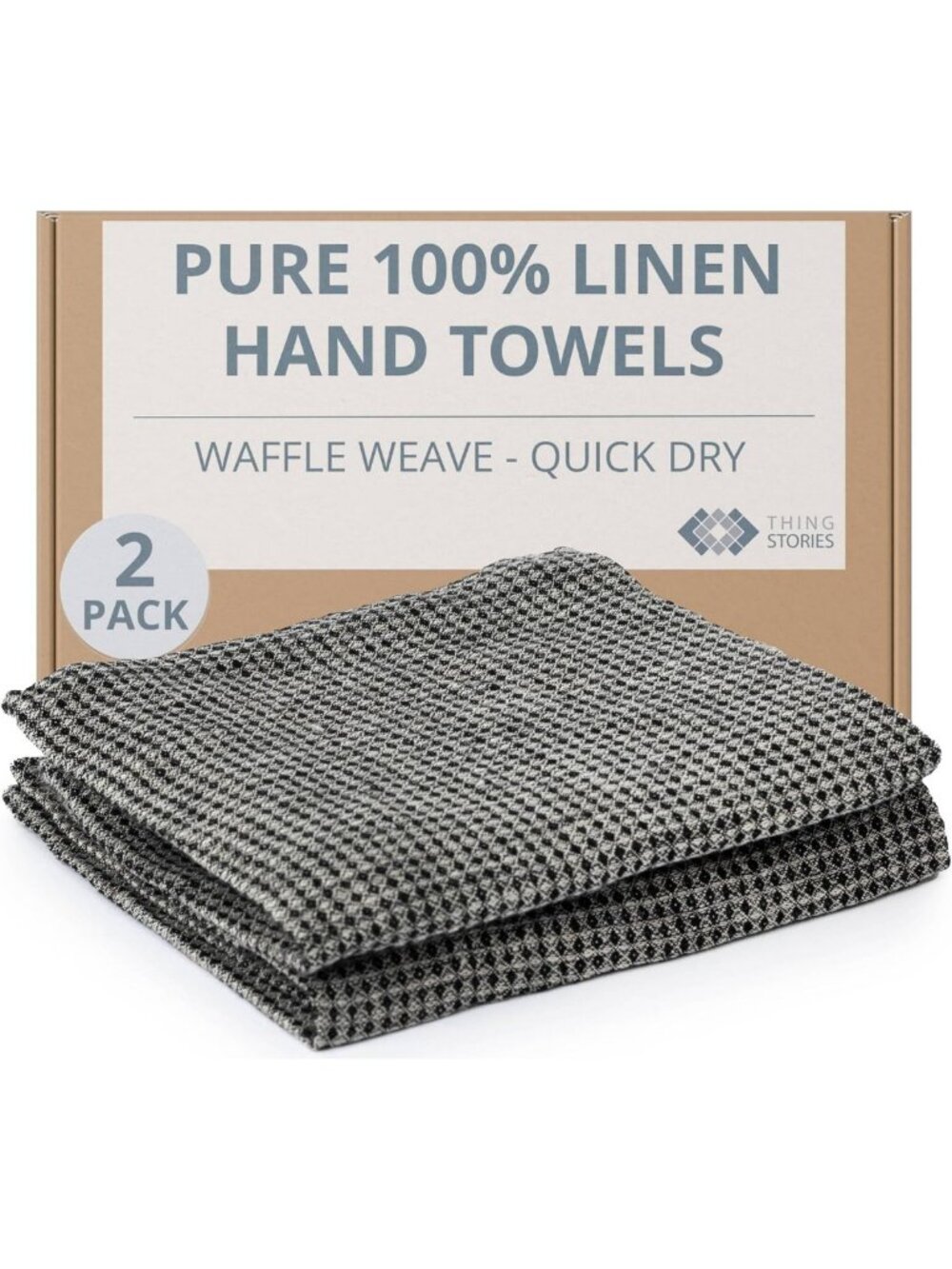 Set of 2 Linen Hand Towels - 14x28-Inch Thin Waffle Weave, Black & Natural